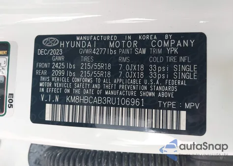 2024 Hyundai Kona Sel from USA, damaged, VIN KM8HBCAB3RU106961